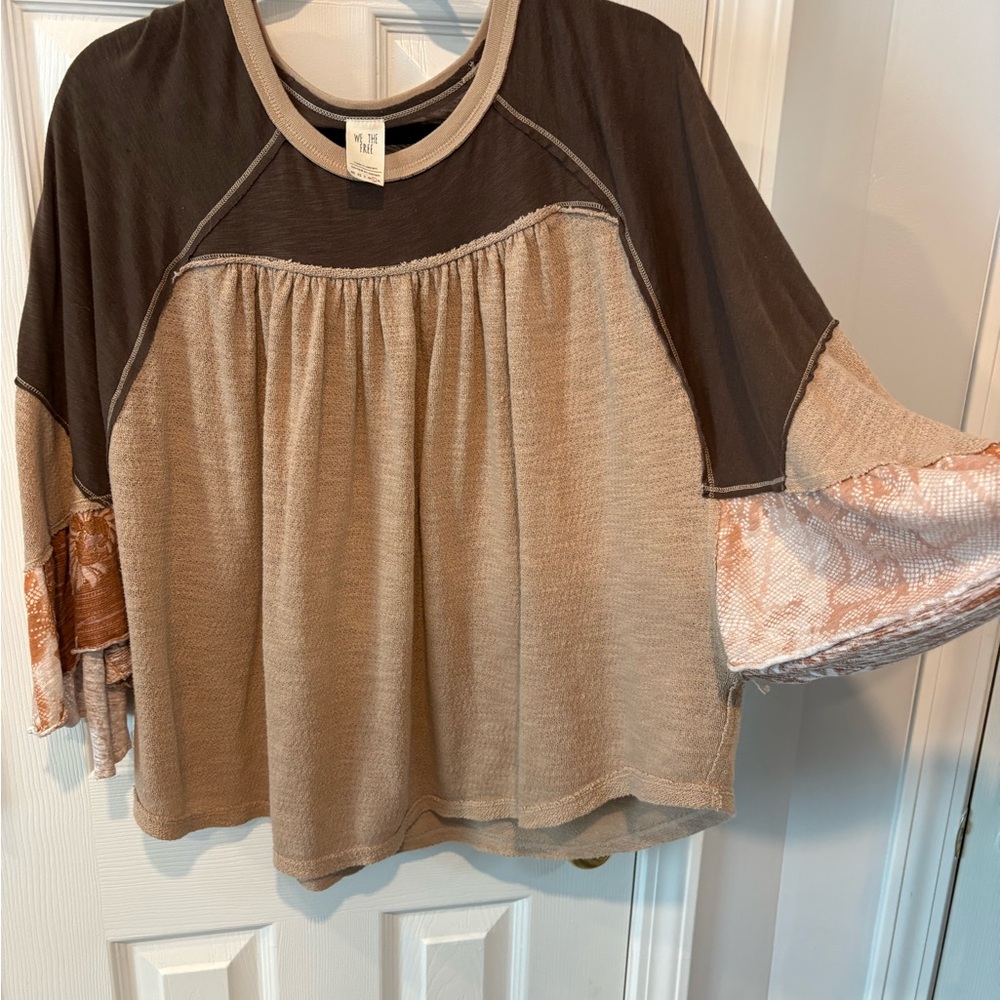 Free People Brown and Beige Colorblock Peasant Top